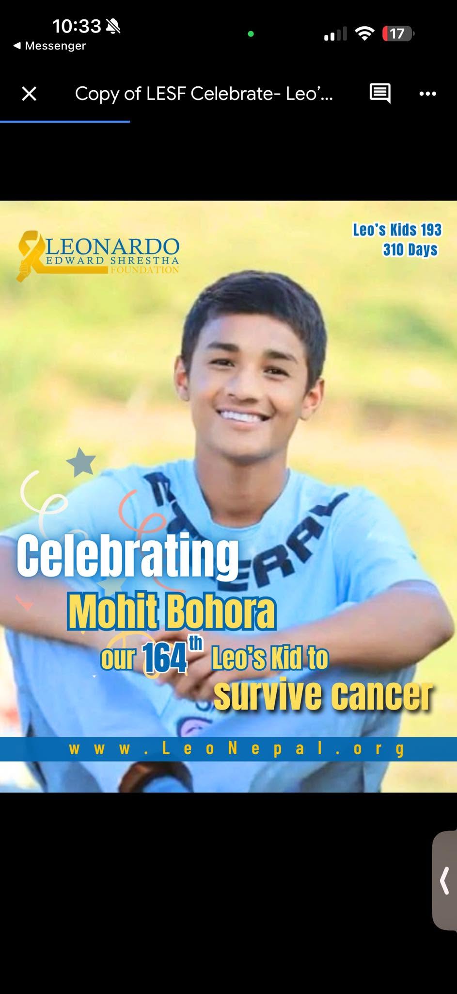 Celebrating Mohit Bohora: Our 164th Leo’s Kid to survive cancer!